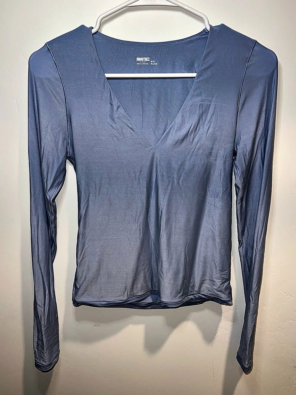 Aerie Long Sleeve V-Neck Top in Blue Size Medium